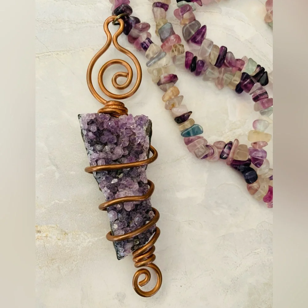 Artisan Amethyst Geode Copper Wire Wrapped Pendant Crystal Necklace - Picture 3 of 10
